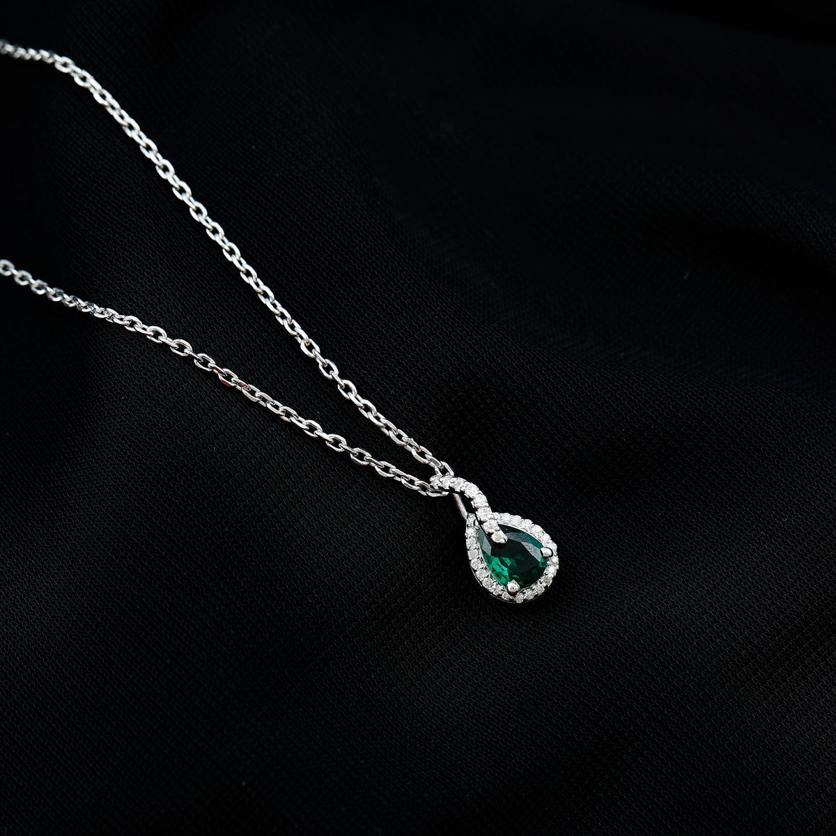 Lab Grown Emerald Necklace - Pear Shaped Teardrop Pendant with Moissanite Stones