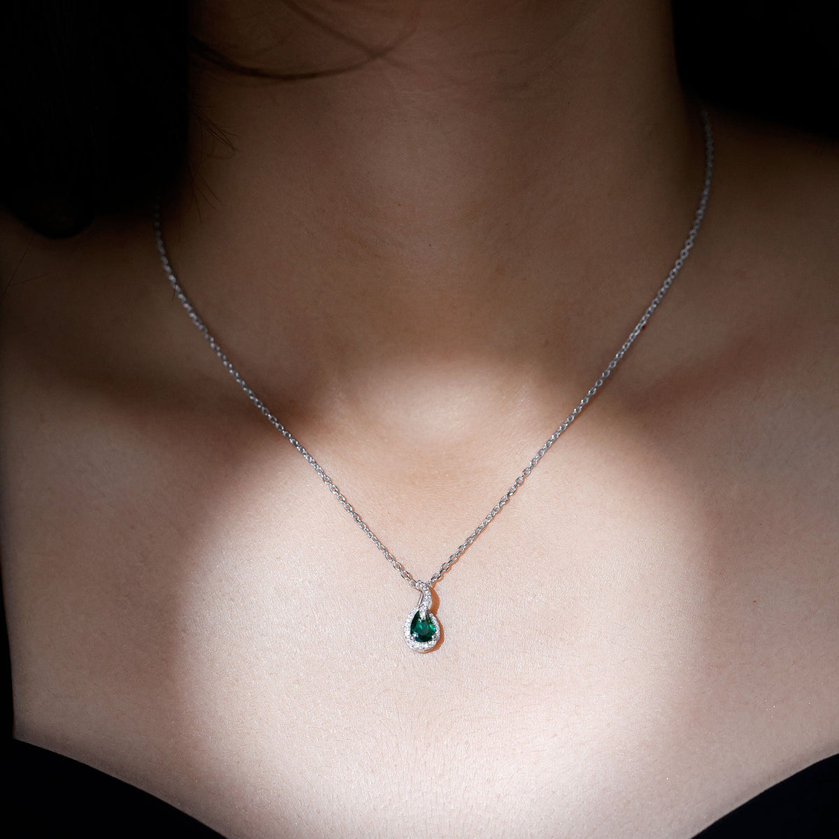 Lab Grown Emerald Necklace - Pear Shaped Teardrop Pendant with Moissanite Stones