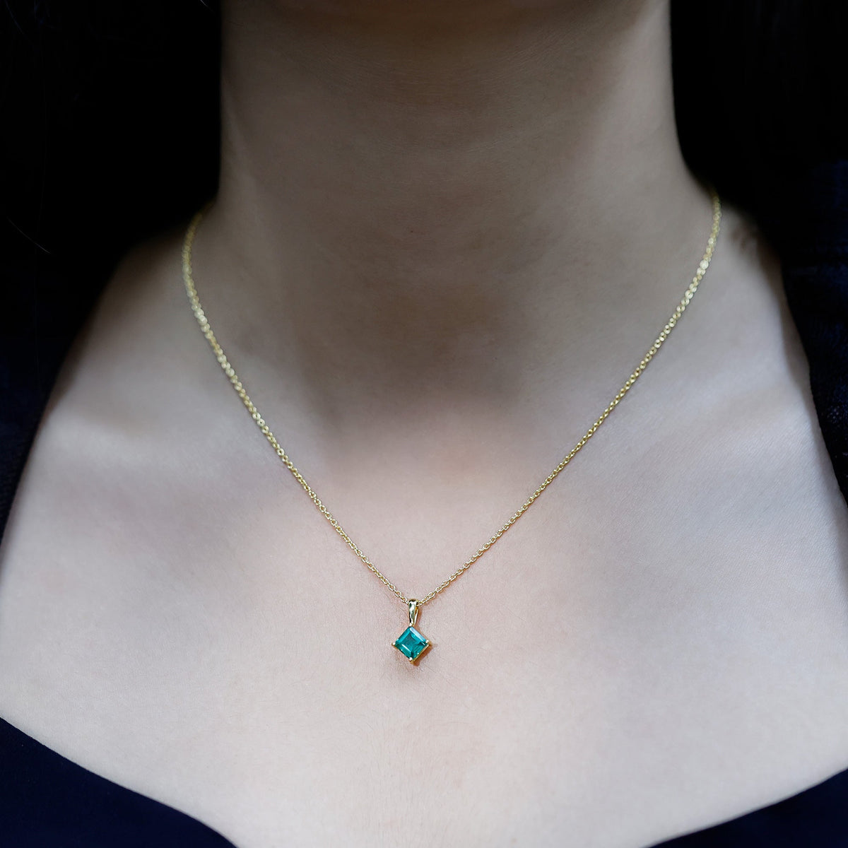 Lab Grown Emerald Necklace – Princess Cut Solitaire Pendant with 14k Gold Plated Chain