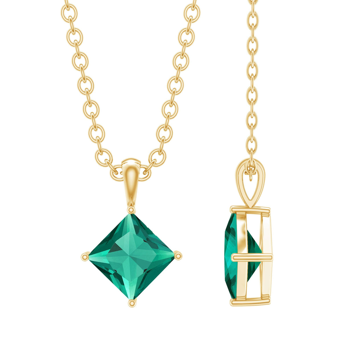 Lab Grown Emerald Necklace – Princess Cut Solitaire Pendant with 14k Gold Plated Chain