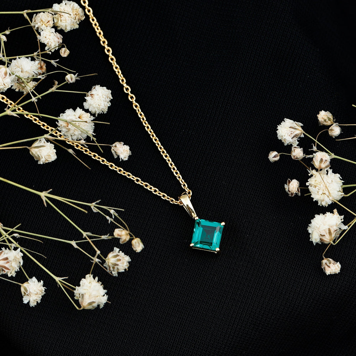 Lab Grown Emerald Necklace – Princess Cut Solitaire Pendant with 14k Gold Plated Chain