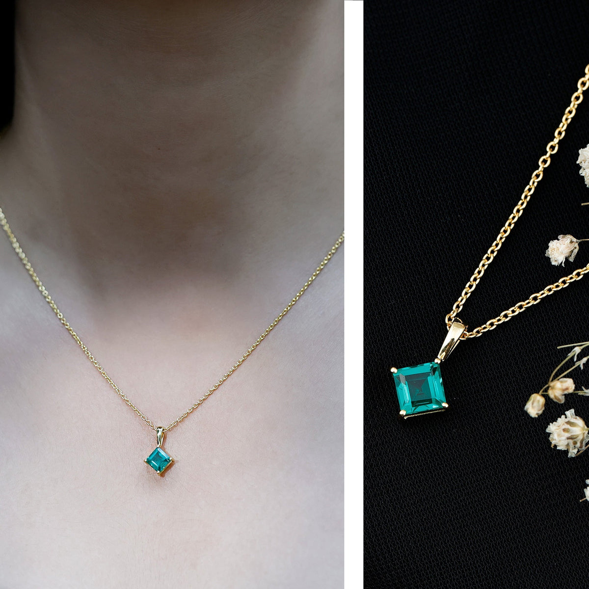 Lab Grown Emerald Necklace – Princess Cut Solitaire Pendant with 14k Gold Plated Chain