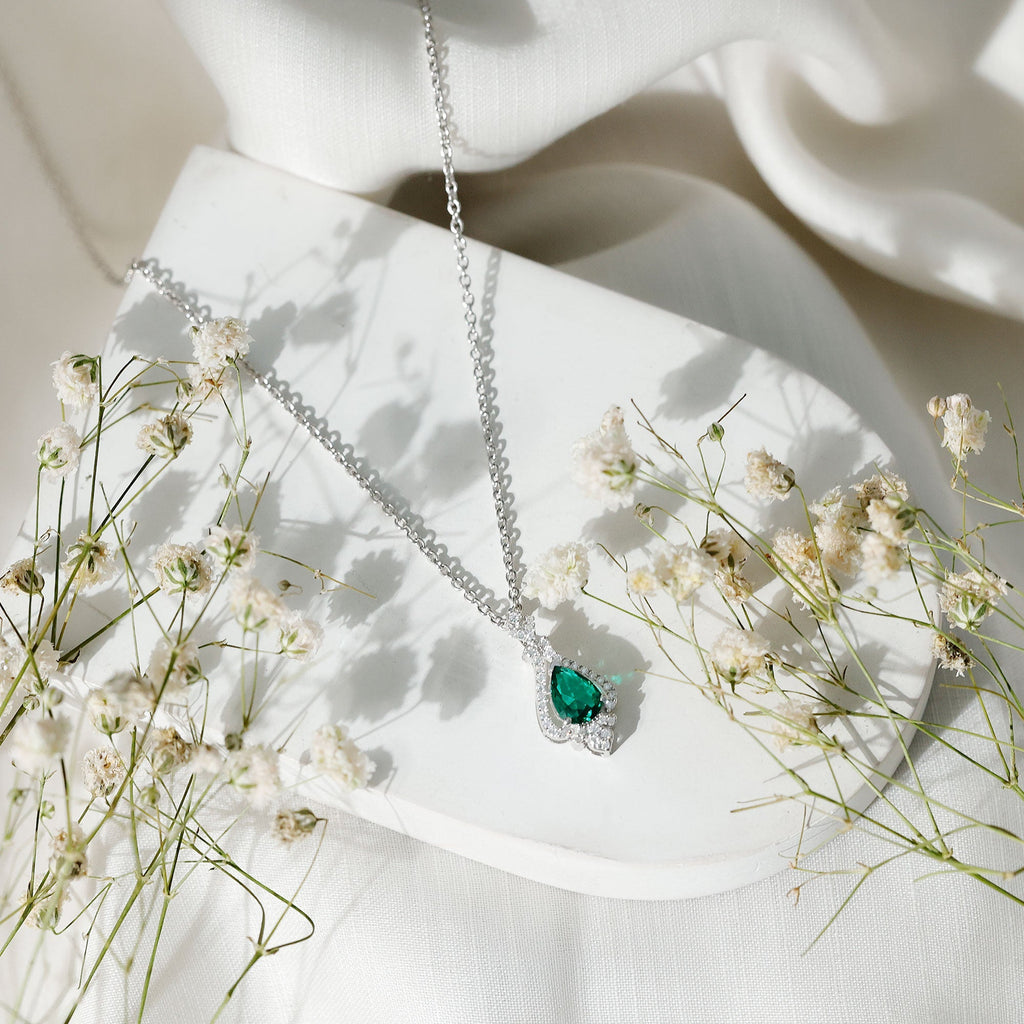 Lab Grown Emerald Necklace – Vintage Inspired Bridal Necklace with Pear Cut Pendant