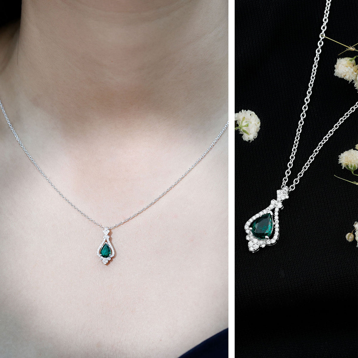 Lab Grown Emerald Necklace – Vintage Inspired Bridal Necklace with Pear Cut Pendant