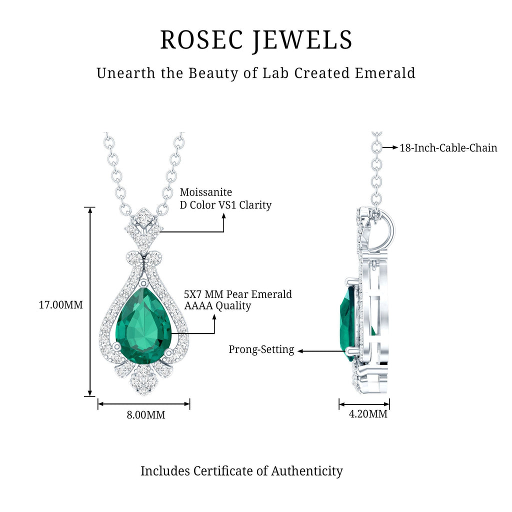 Lab Grown Emerald Necklace – Vintage Inspired Bridal Necklace with Pear Cut Pendant