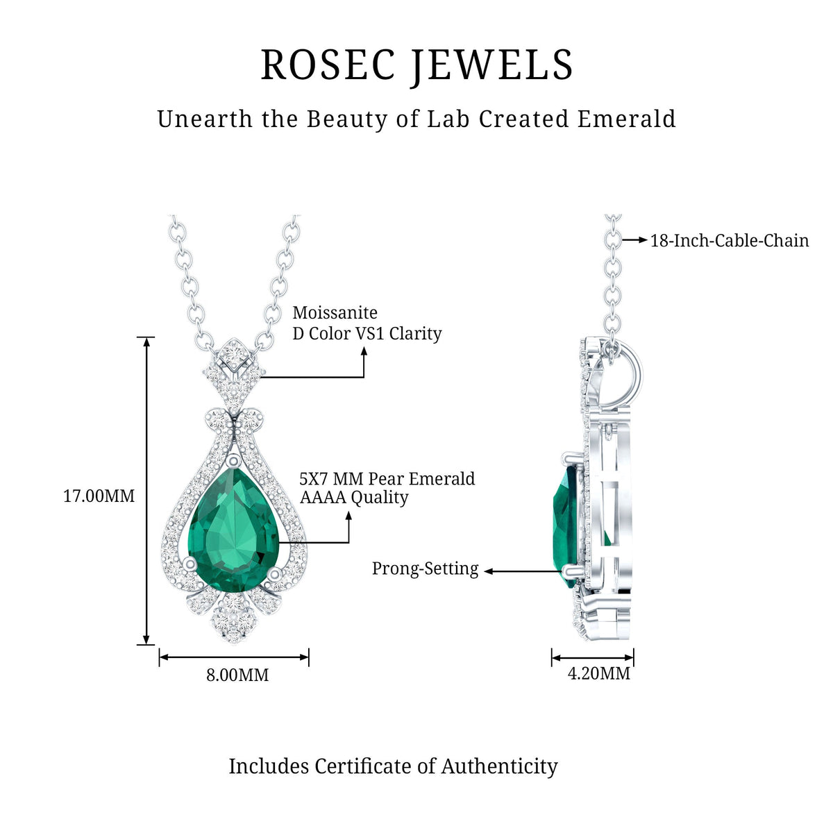 Lab Grown Emerald Necklace – Vintage Inspired Bridal Necklace with Pear Cut Pendant