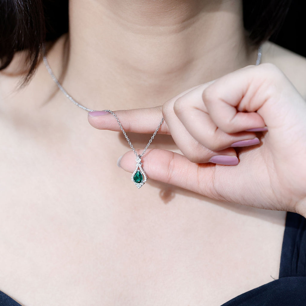 Lab Grown Emerald Necklace – Vintage Inspired Bridal Necklace with Pear Cut Pendant