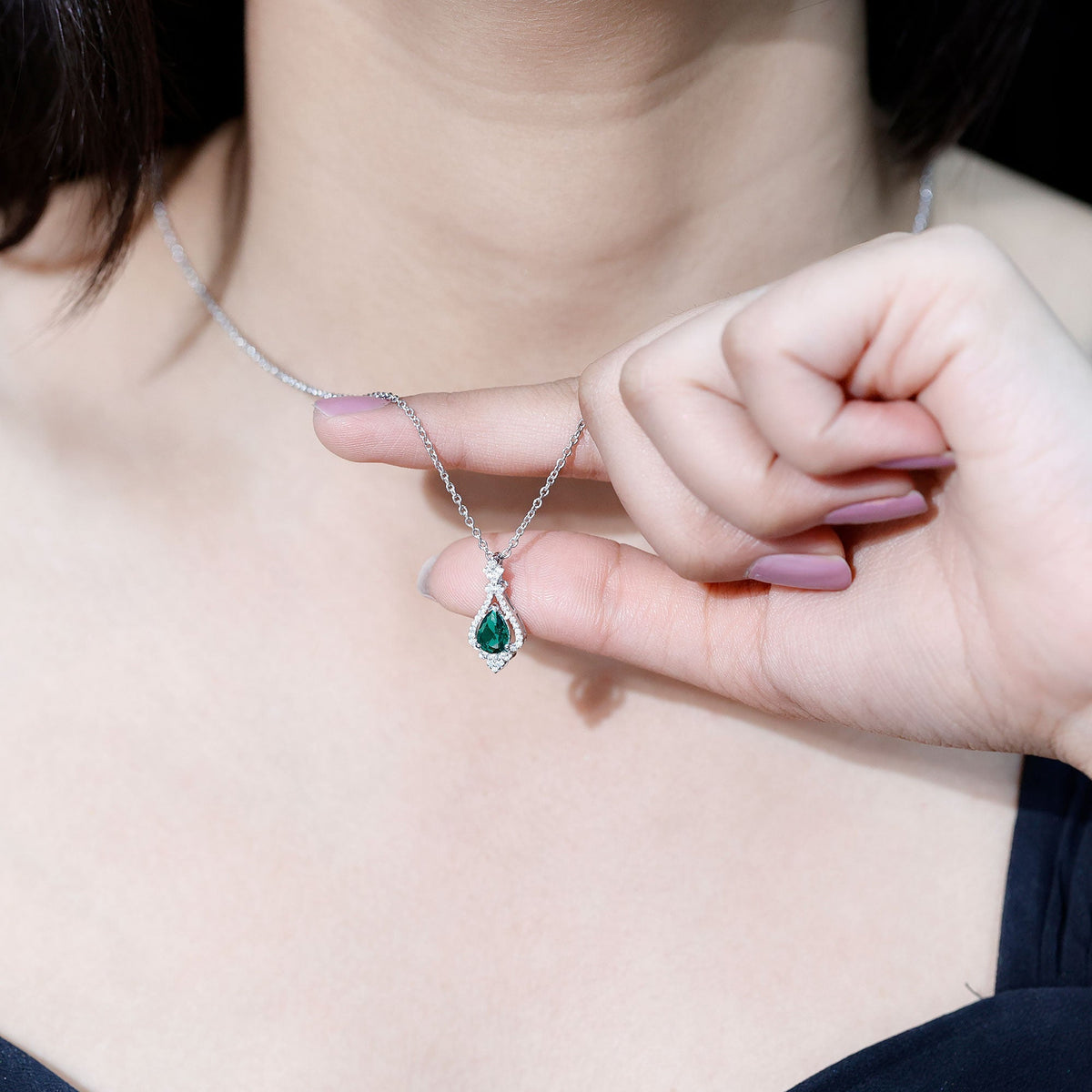 Lab Grown Emerald Necklace – Vintage Inspired Bridal Necklace with Pear Cut Pendant