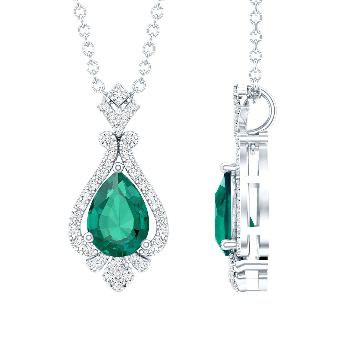 Lab Grown Emerald Necklace – Vintage Inspired Bridal Necklace with Pear Cut Pendant