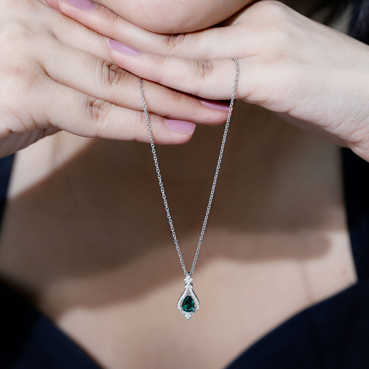 Lab Grown Emerald Necklace – Vintage Inspired Bridal Necklace with Pear Cut Pendant