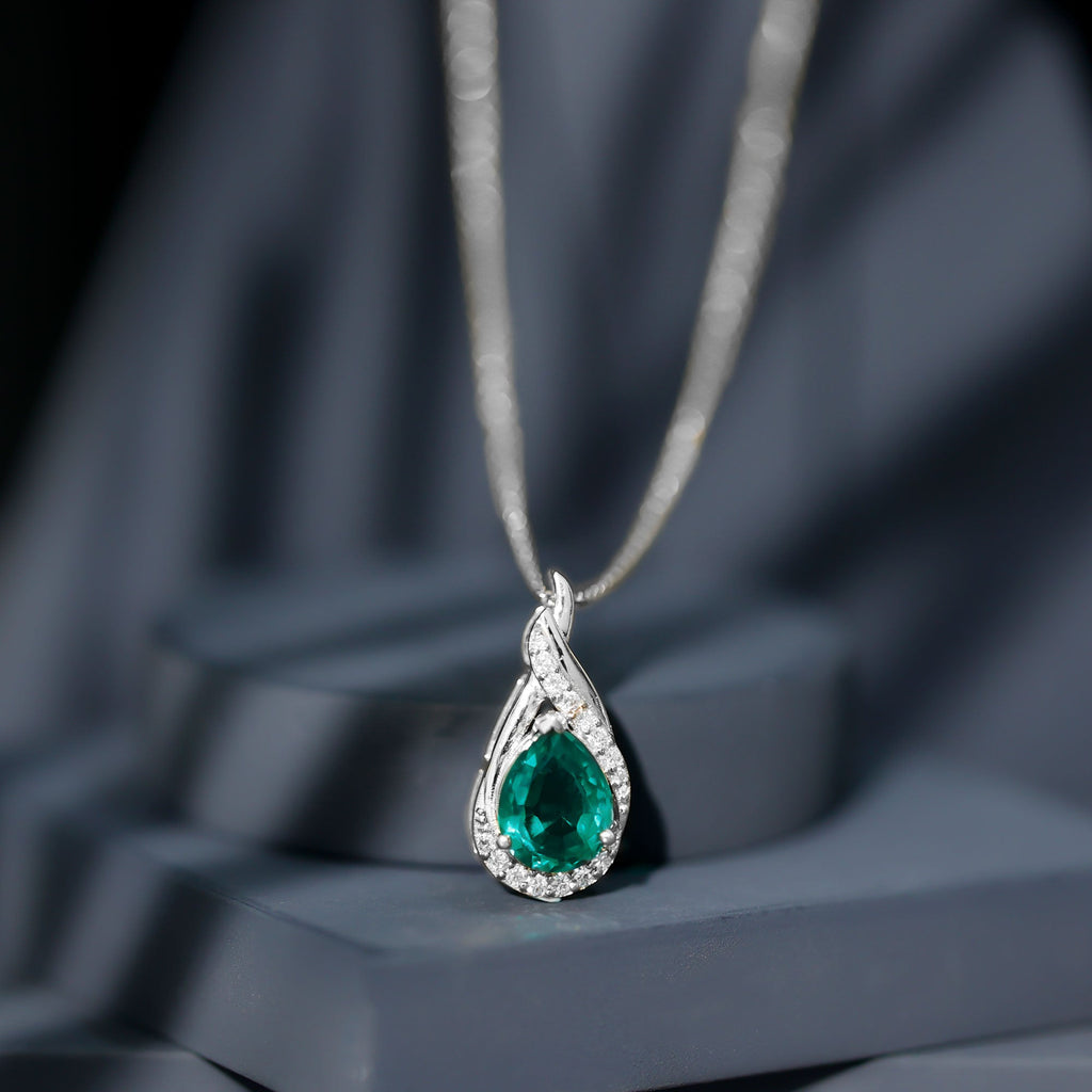 Lab Grown Emerald Necklace – Vintage Inspired Pear Shaped Pendant with Diamonds