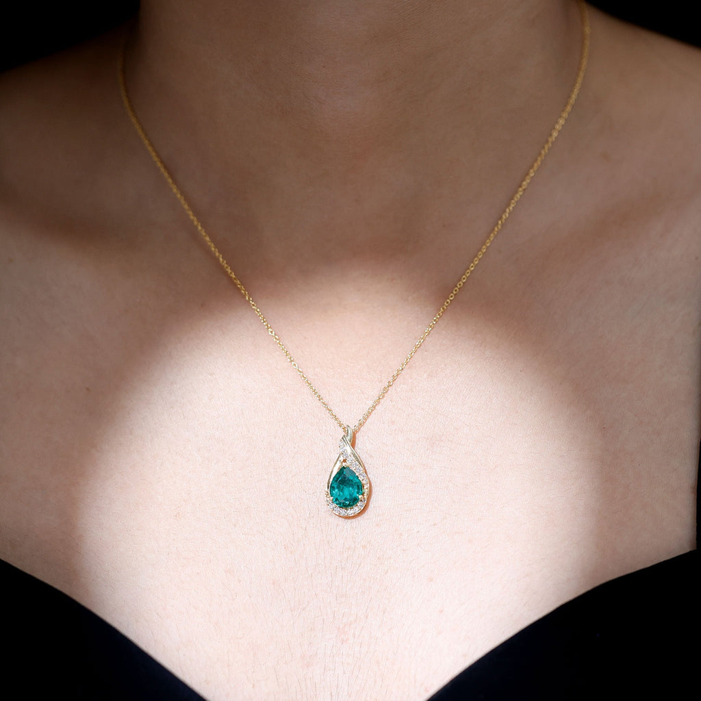 Lab Grown Emerald Necklace – Vintage Inspired Pear Shaped Pendant with Diamonds