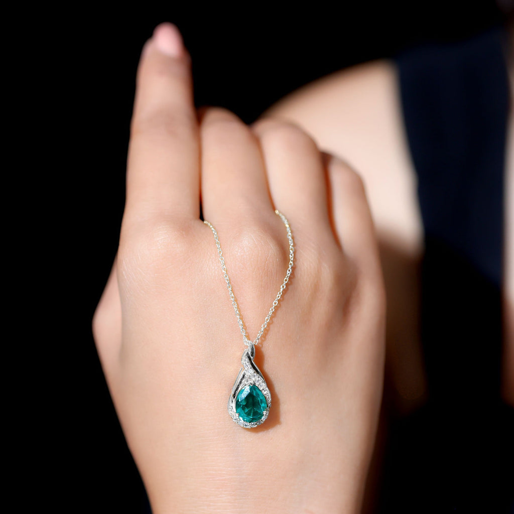 Lab Grown Emerald Necklace – Vintage Inspired Pear Shaped Pendant with Diamonds