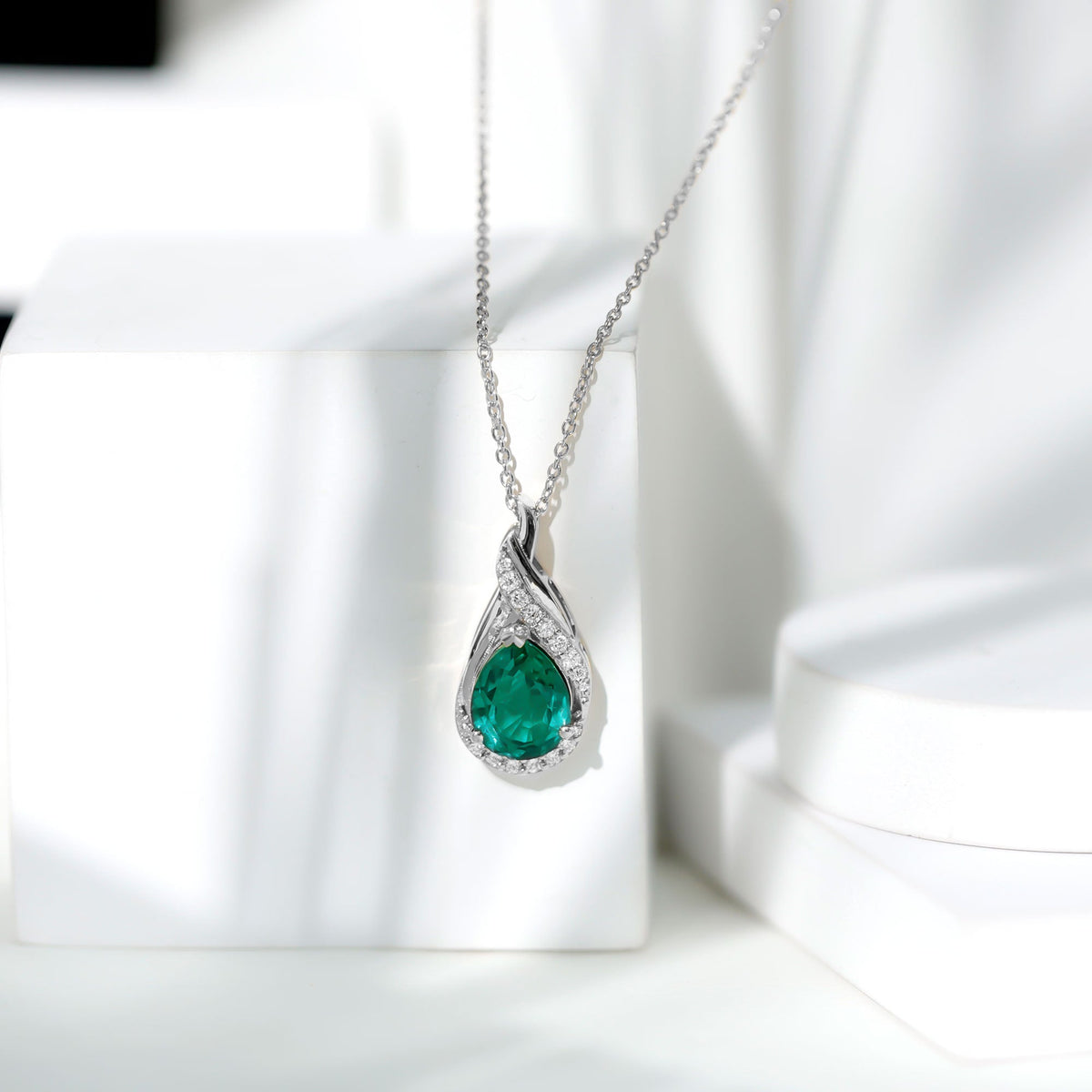 Lab Grown Emerald Necklace – Vintage Inspired Pear Shaped Pendant with Diamonds