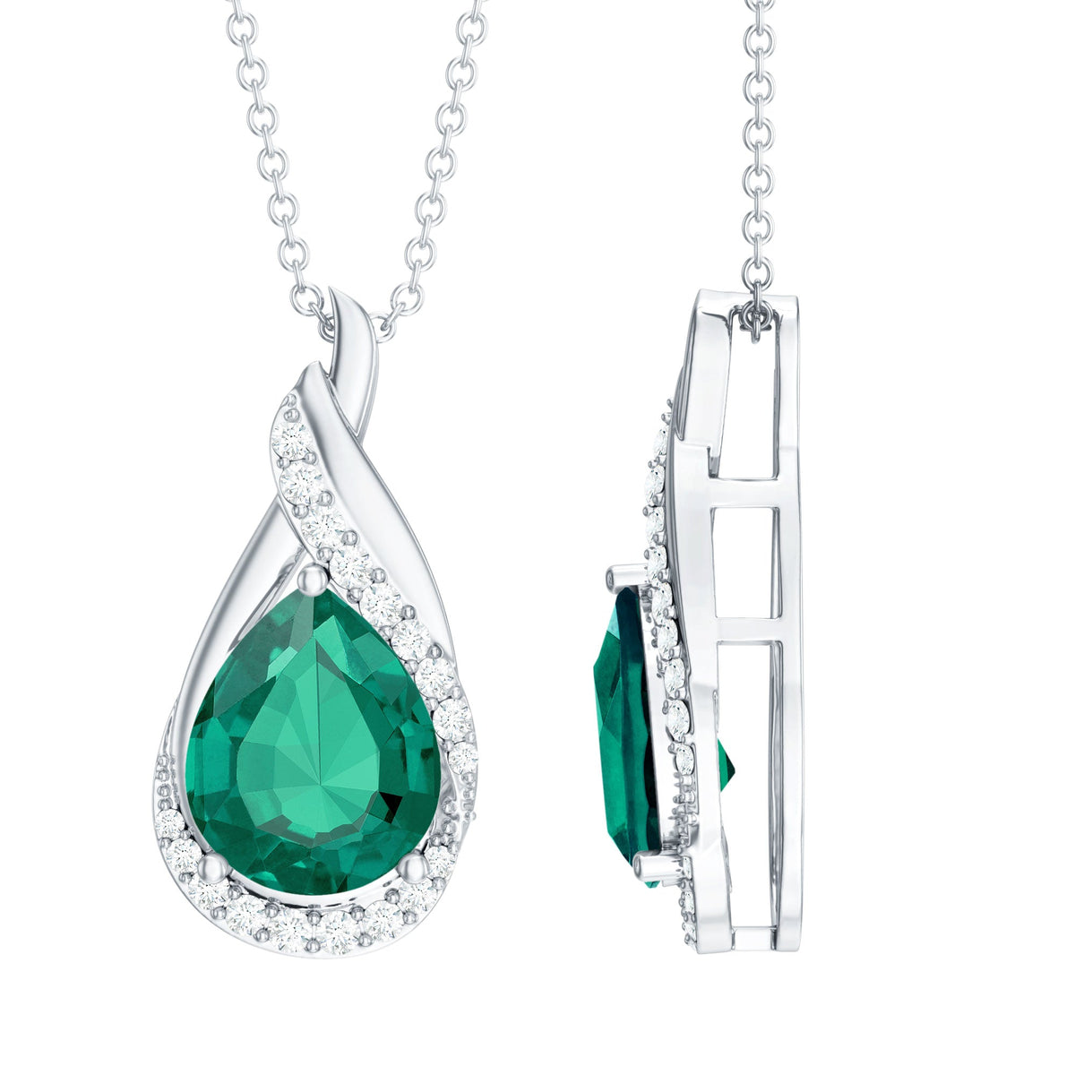 Lab Grown Emerald Necklace – Vintage Inspired Pear Shaped Pendant with Diamonds