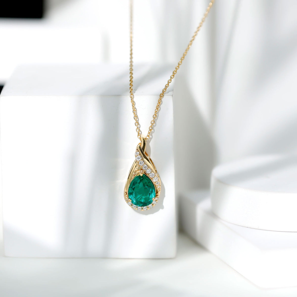 Lab Grown Emerald Necklace – Vintage Inspired Pear Shaped Pendant with Diamonds