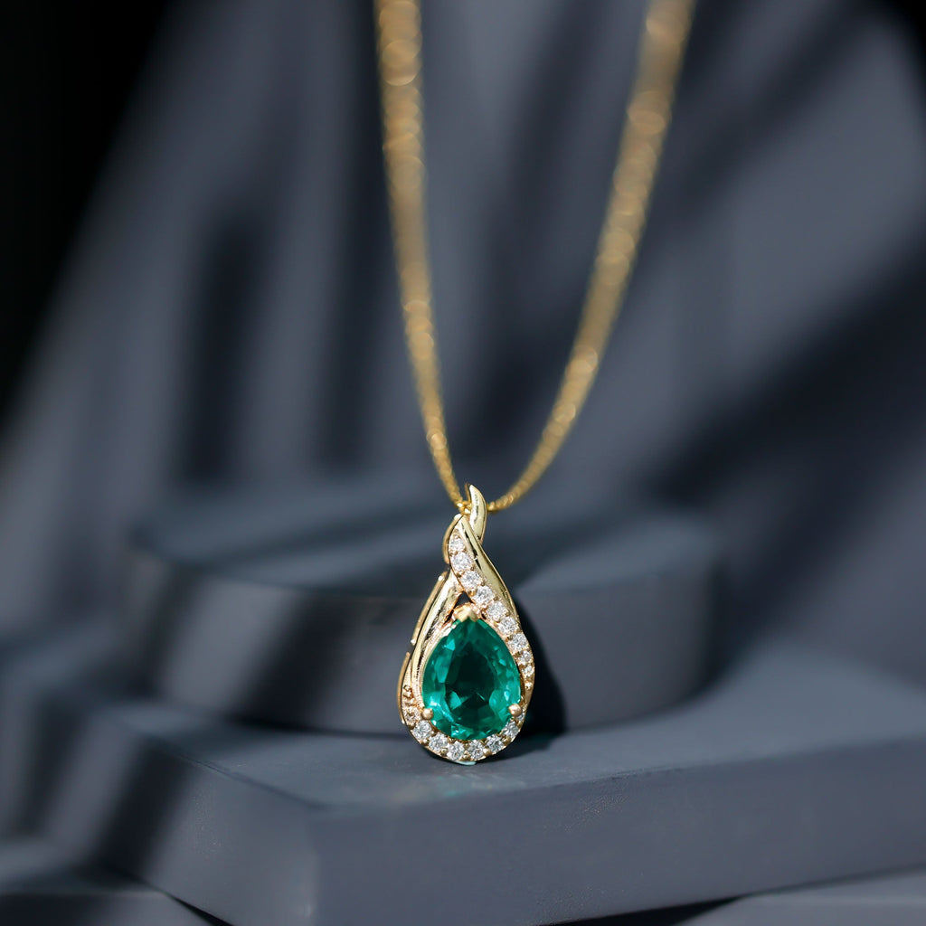 Lab Grown Emerald Necklace – Vintage Inspired Pear Shaped Pendant with Diamonds