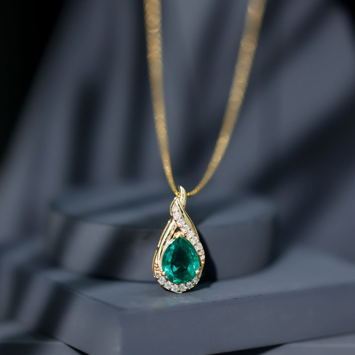Lab Grown Emerald Necklace – Vintage Inspired Pear Shaped Pendant with Diamonds