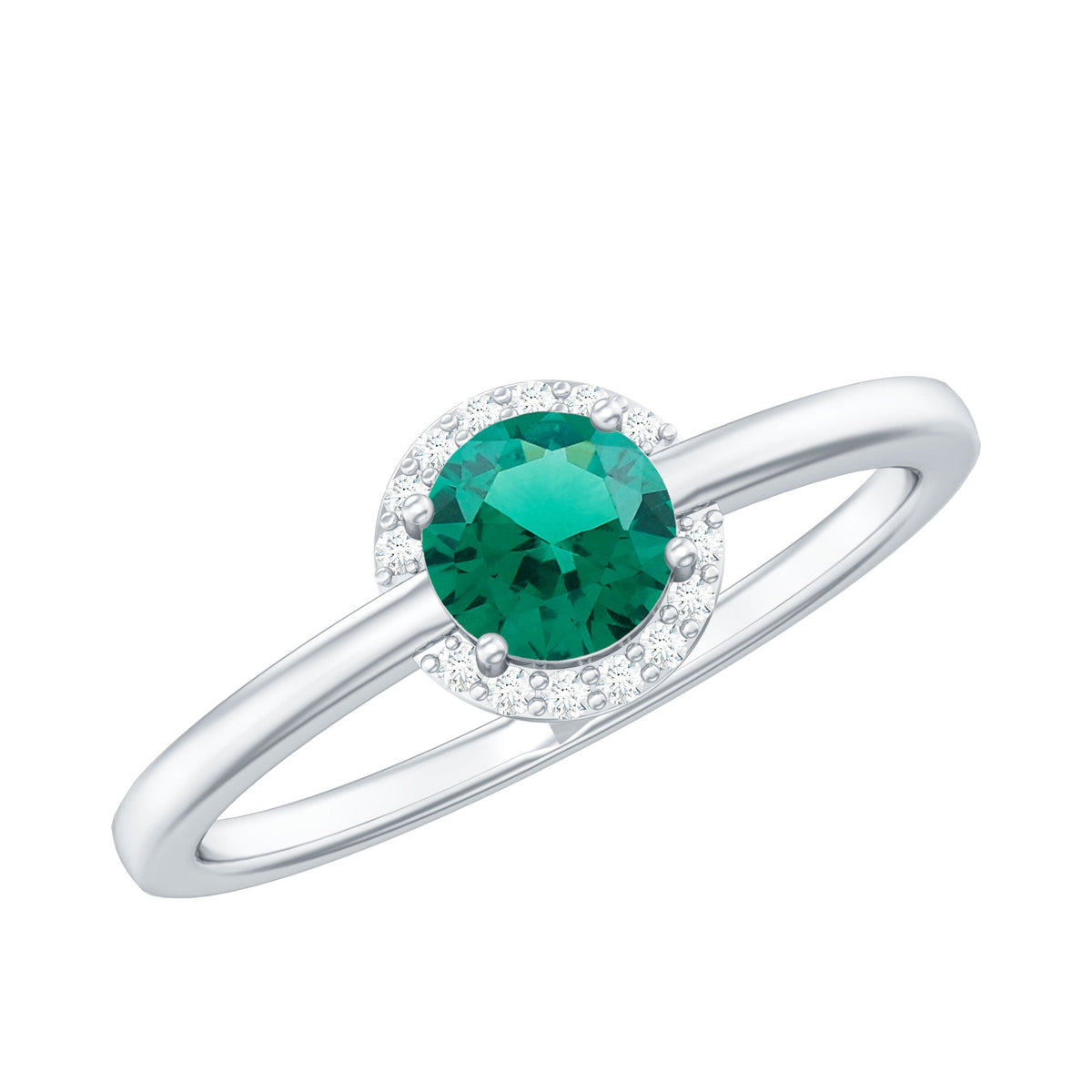 Lab Grown Emerald Ring – 0.8 Carat Round Emerald Promise Ring with Diamond Halo