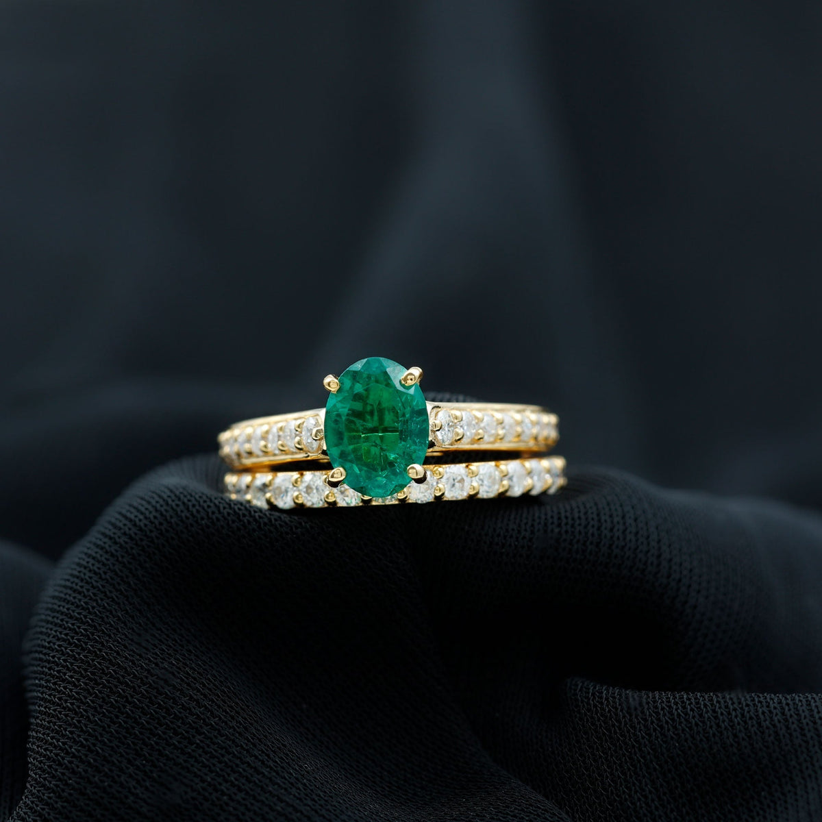 Lab Grown Emerald Ring – 1.2 Carat Oval Engagement Set With Moissanite Wedding Band