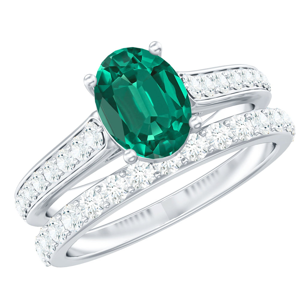 Lab Grown Emerald Ring – 1.2 Carat Oval Engagement Set With Moissanite Wedding Band