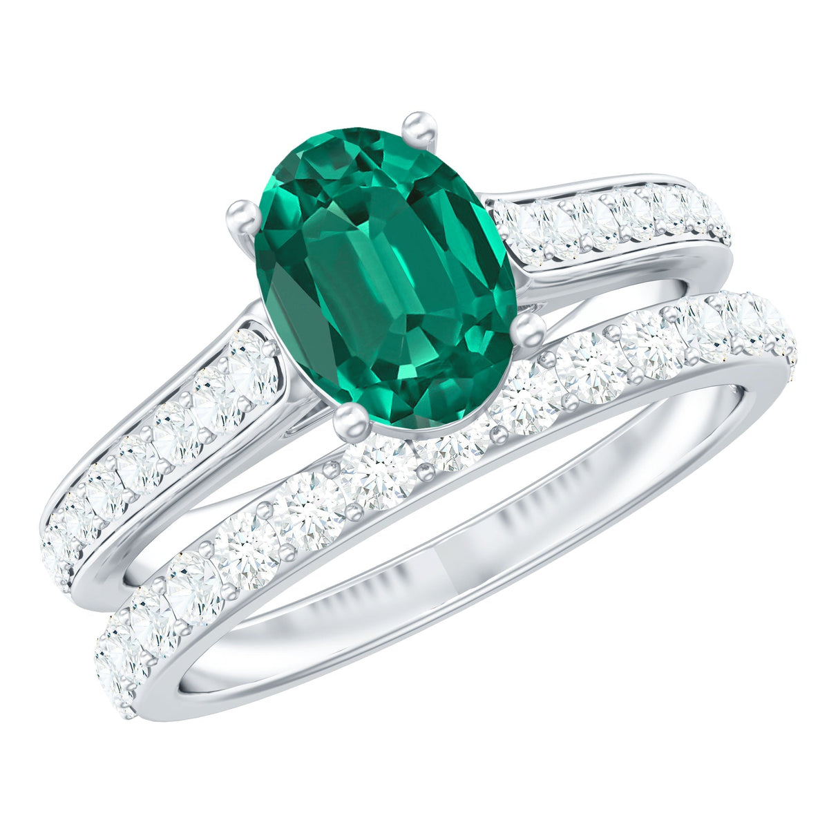 Lab Grown Emerald Ring – 1.2 Carat Oval Engagement Set With Moissanite Wedding Band