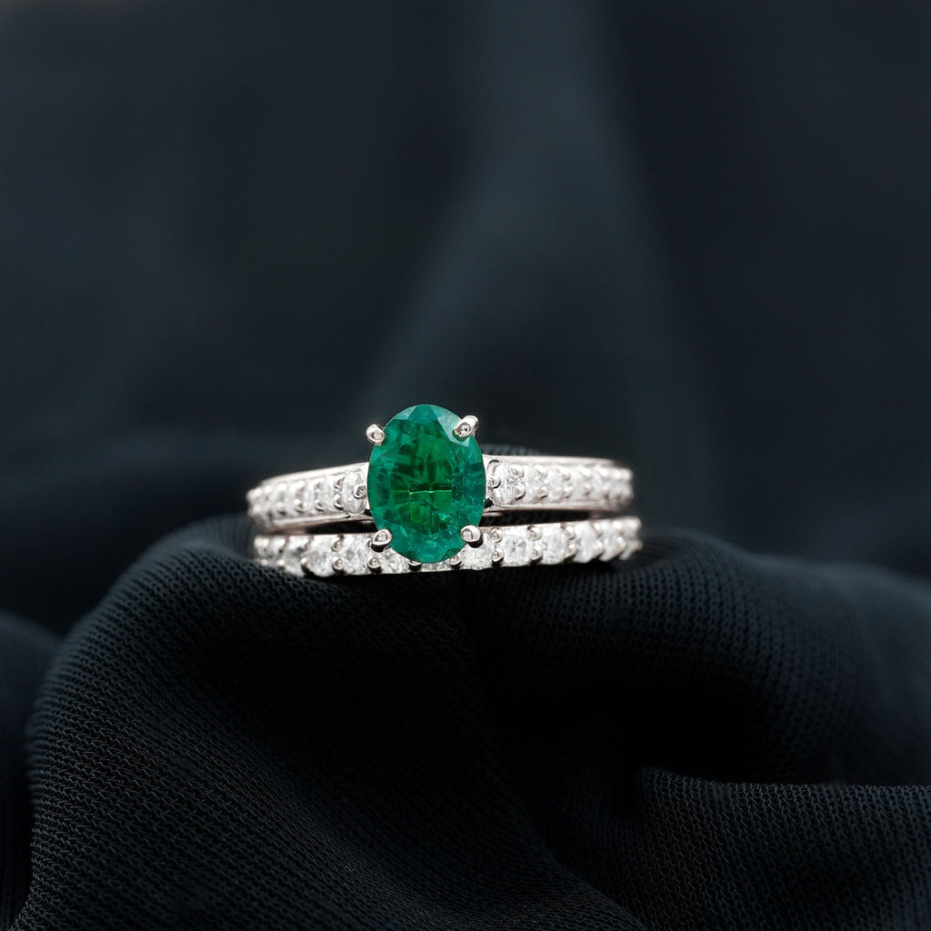 Lab Grown Emerald Ring – 1.2 Carat Oval Engagement Set With Moissanite Wedding Band