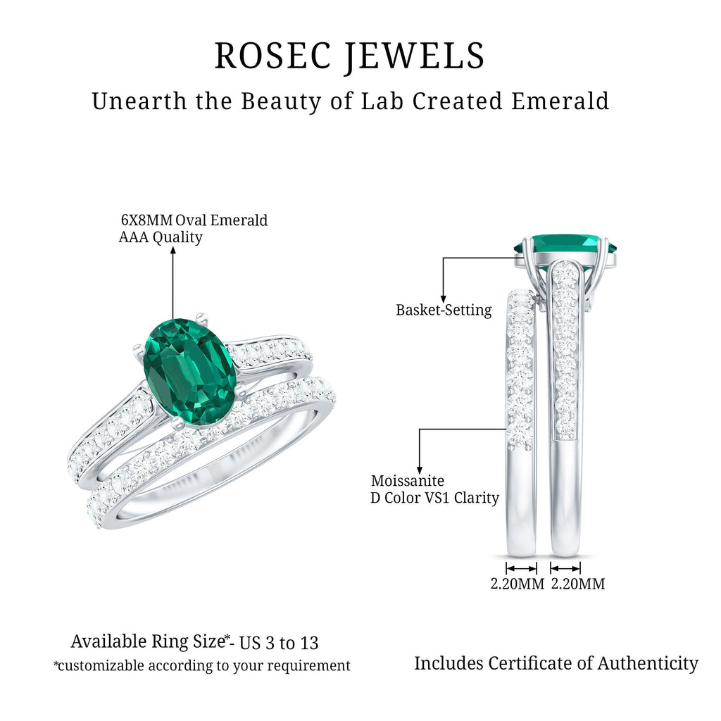 Lab Grown Emerald Ring – 1.2 Carat Oval Engagement Set With Moissanite Wedding Band