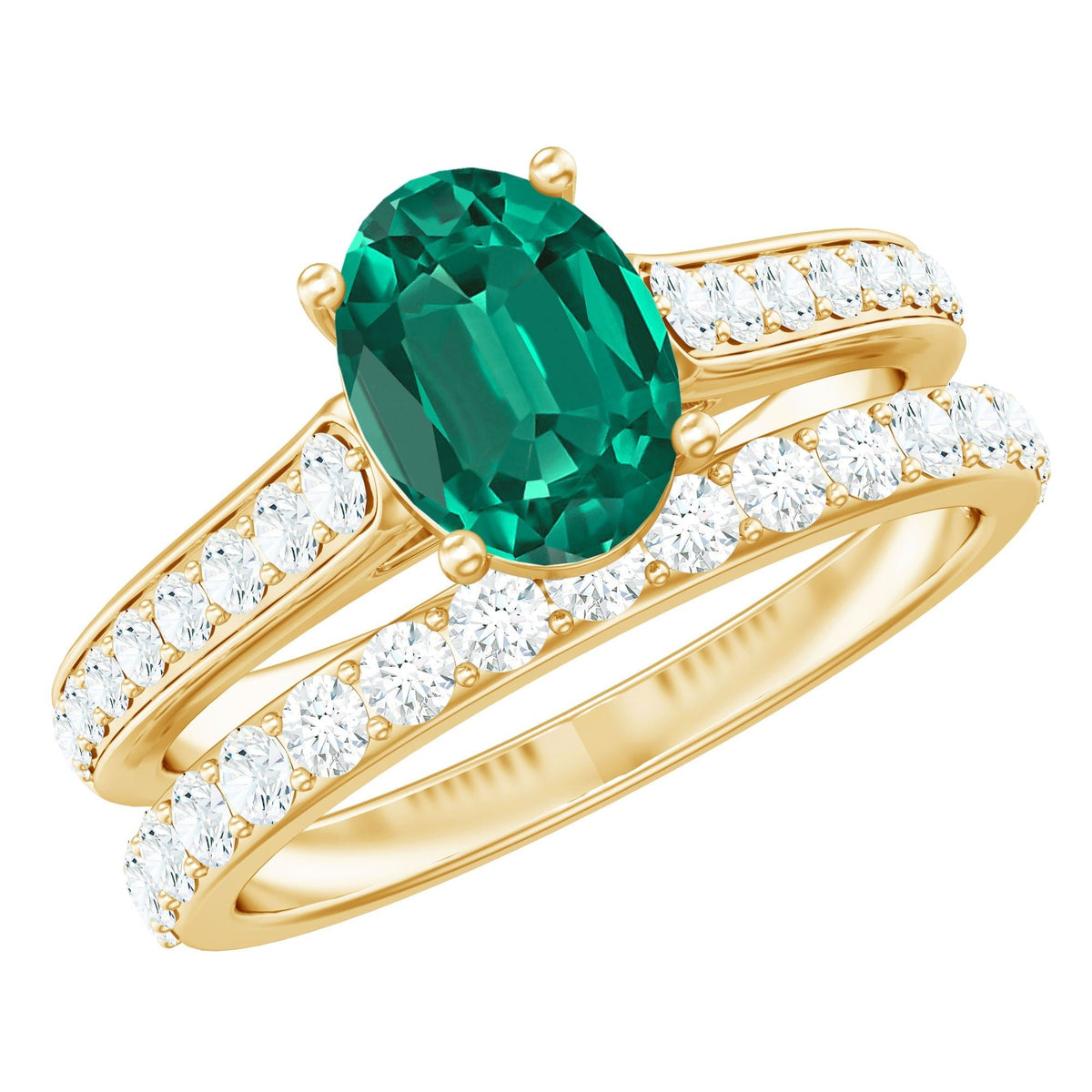 Lab Grown Emerald Ring – 1.2 Carat Oval Engagement Set With Moissanite Wedding Band