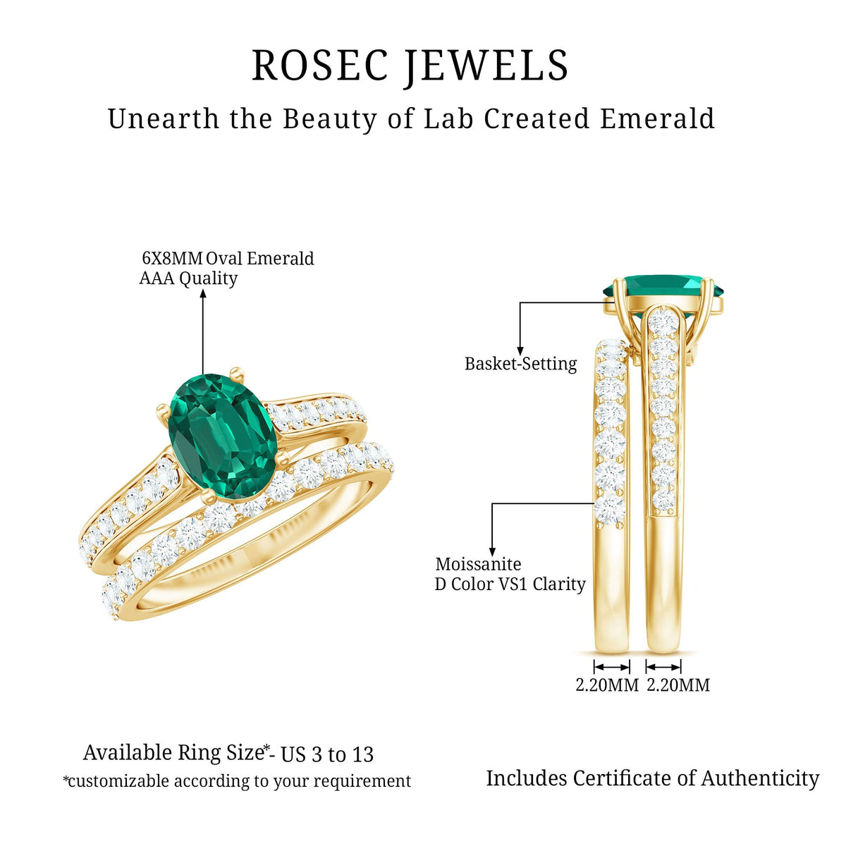 Lab Grown Emerald Ring – 1.2 Carat Oval Engagement Set With Moissanite Wedding Band