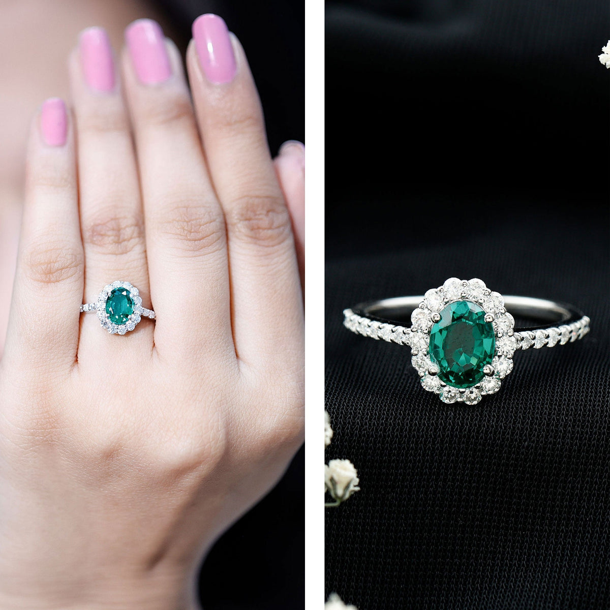 Lab Grown Emerald Ring – 1.2 Carat Oval Halo Engagement Ring with Moissanite
