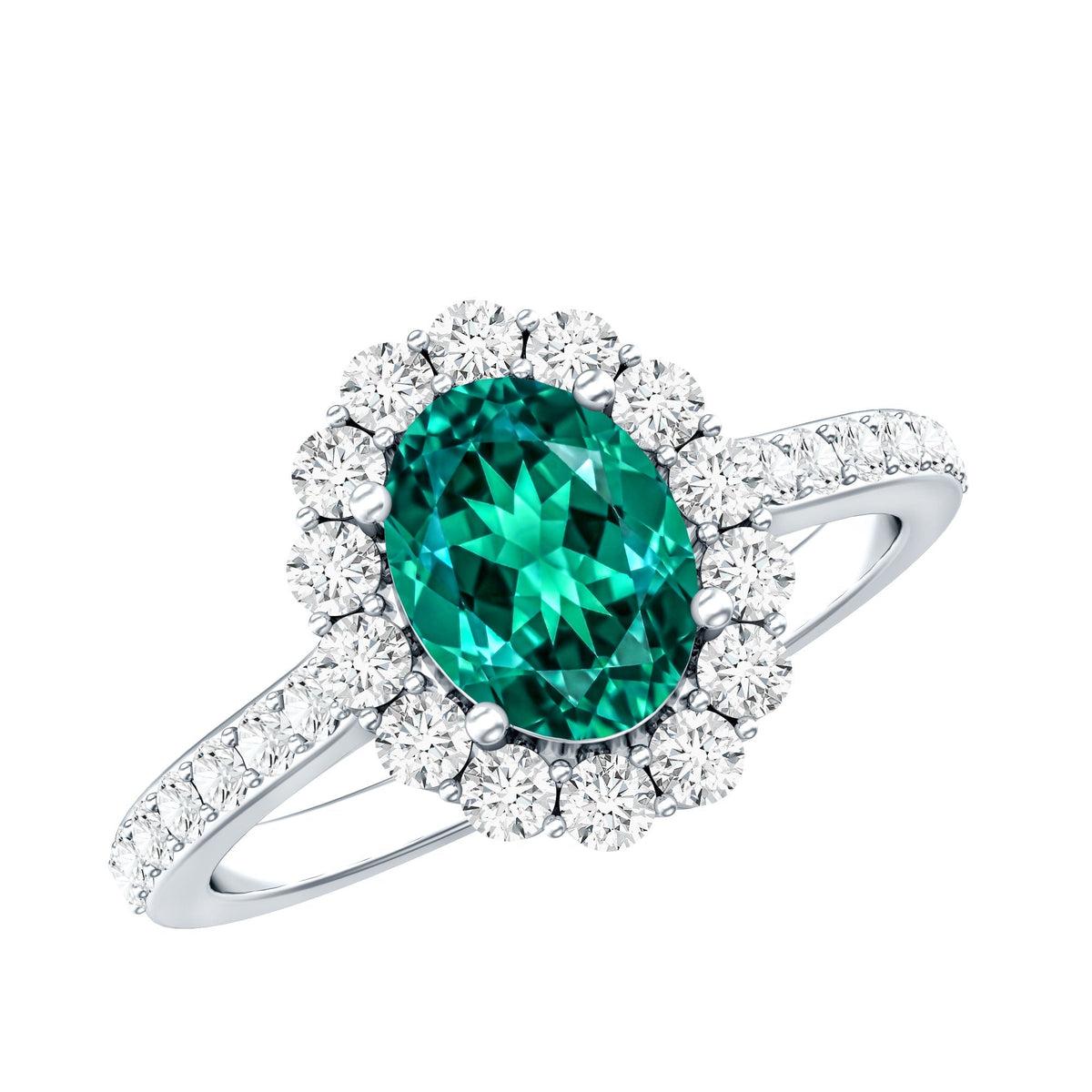 Lab Grown Emerald Ring – 1.2 Carat Oval Halo Engagement Ring with Moissanite