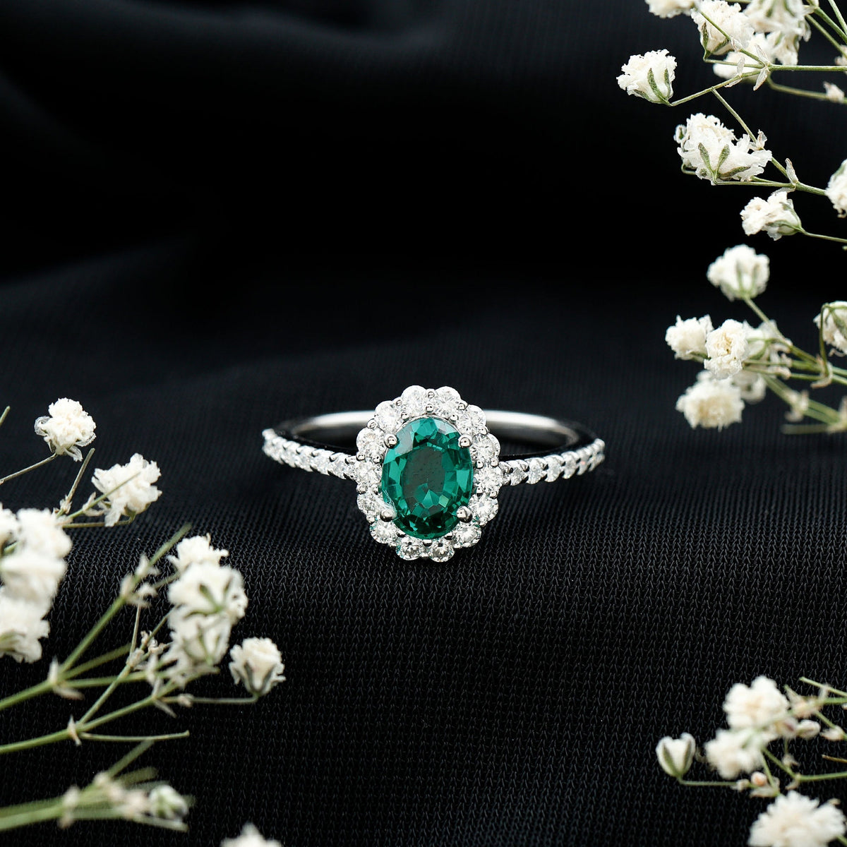 Lab Grown Emerald Ring – 1.2 Carat Oval Halo Engagement Ring with Moissanite