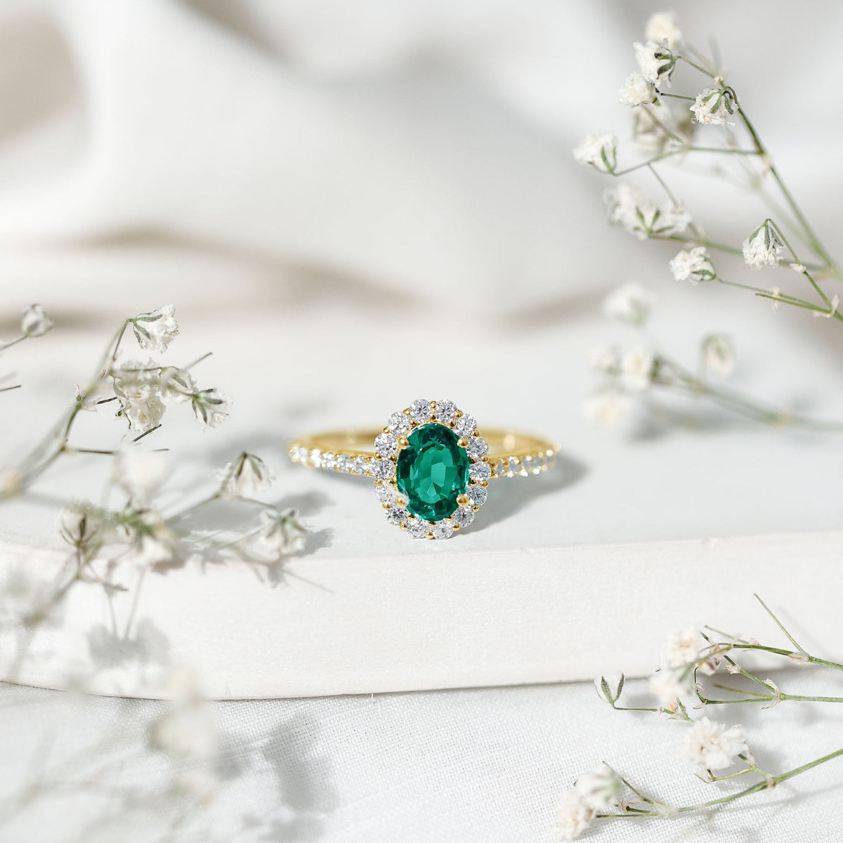 Lab Grown Emerald Ring – 1.2 Carat Oval Halo Engagement Ring with Moissanite