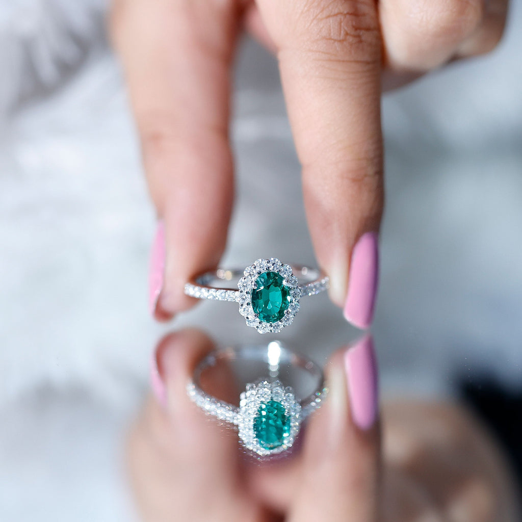 Lab Grown Emerald Ring – 1.2 Carat Oval Halo Engagement Ring with Moissanite