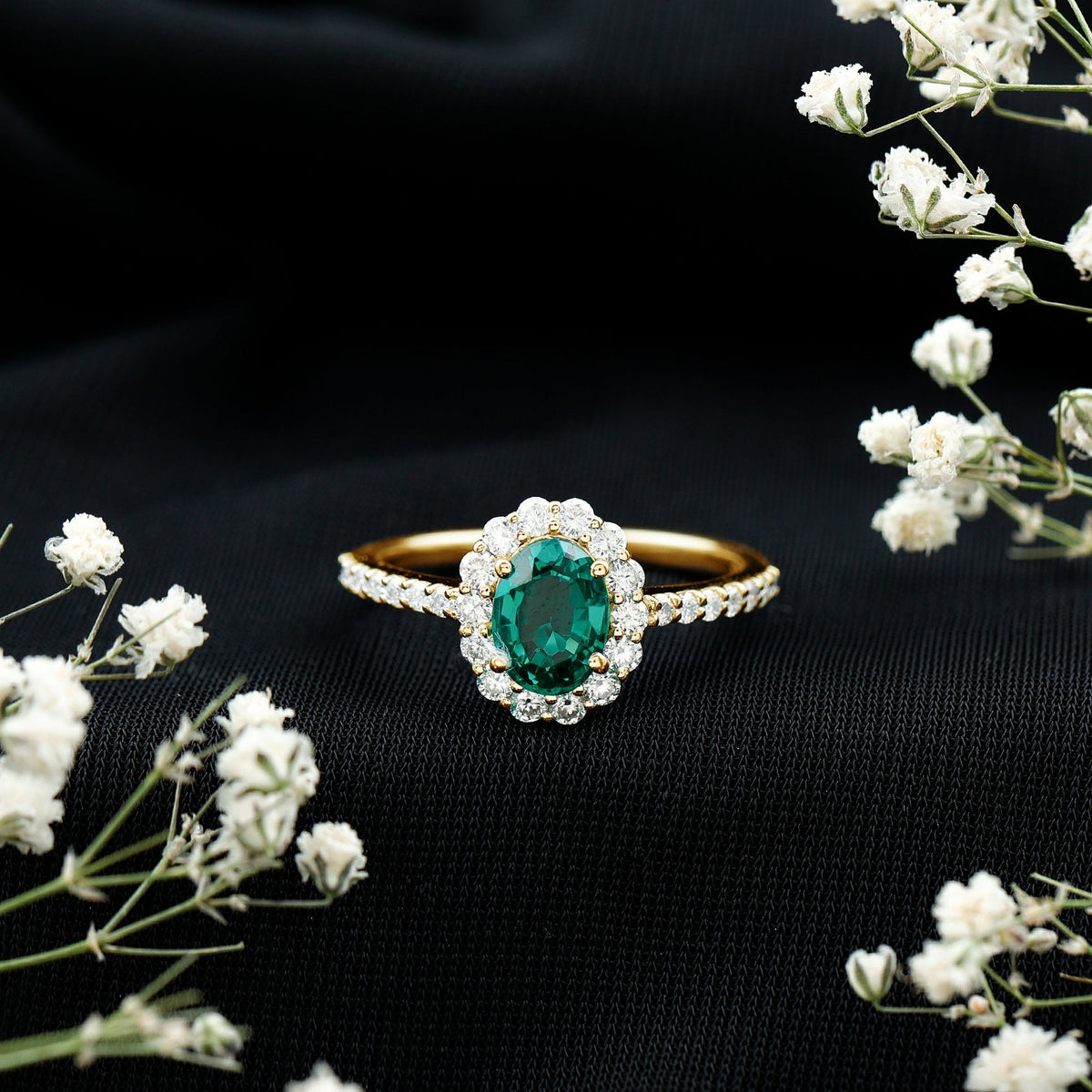 Lab Grown Emerald Ring – 1.2 Carat Oval Halo Engagement Ring with Moissanite