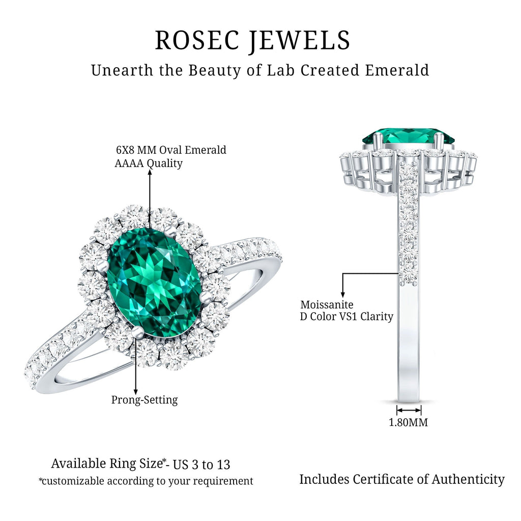 Lab Grown Emerald Ring – 1.2 Carat Oval Halo Engagement Ring with Moissanite