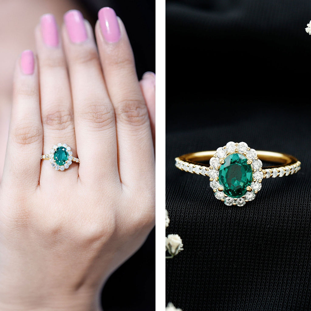 Lab Grown Emerald Ring – 1.2 Carat Oval Halo Engagement Ring with Moissanite