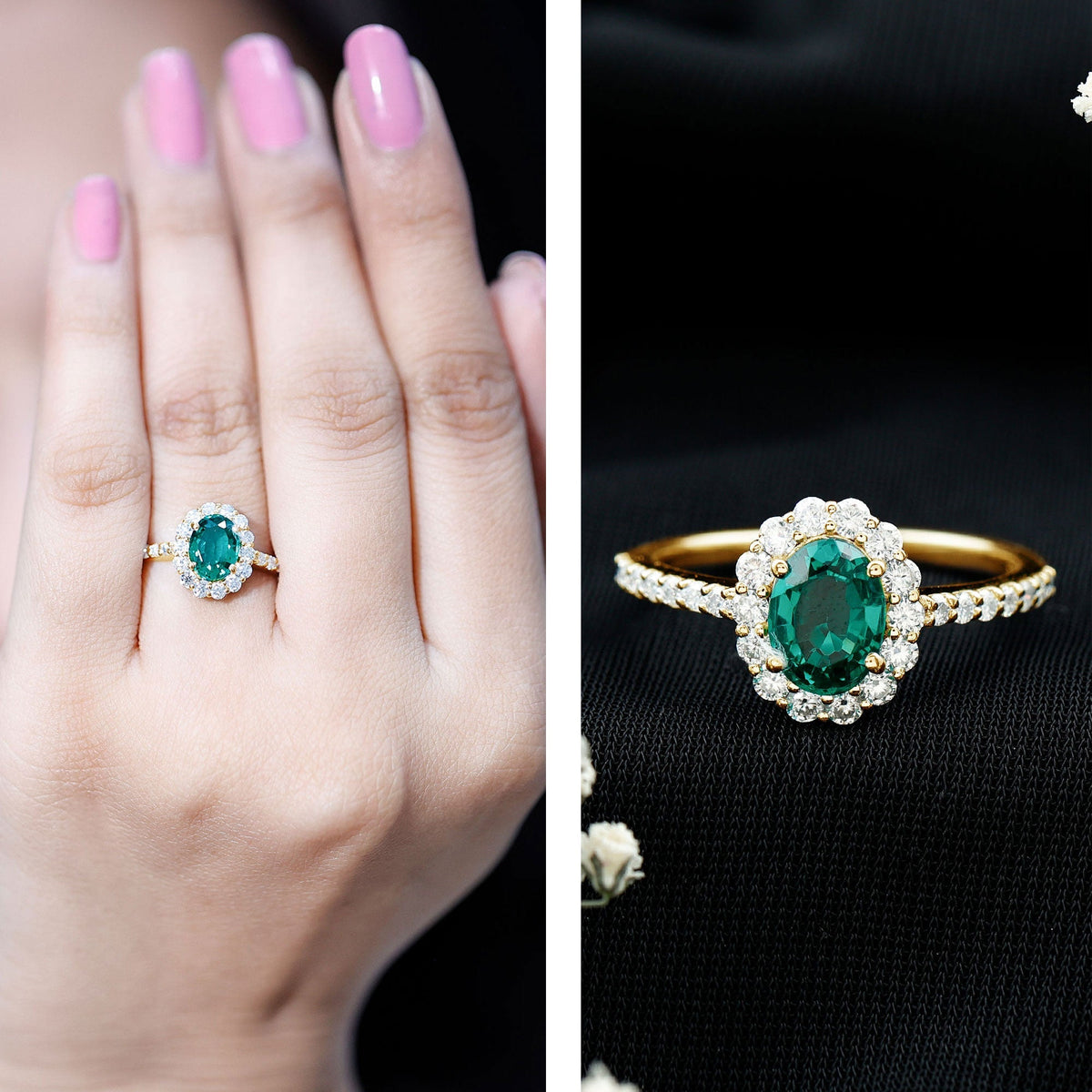 Lab Grown Emerald Ring – 1.2 Carat Oval Halo Engagement Ring with Moissanite