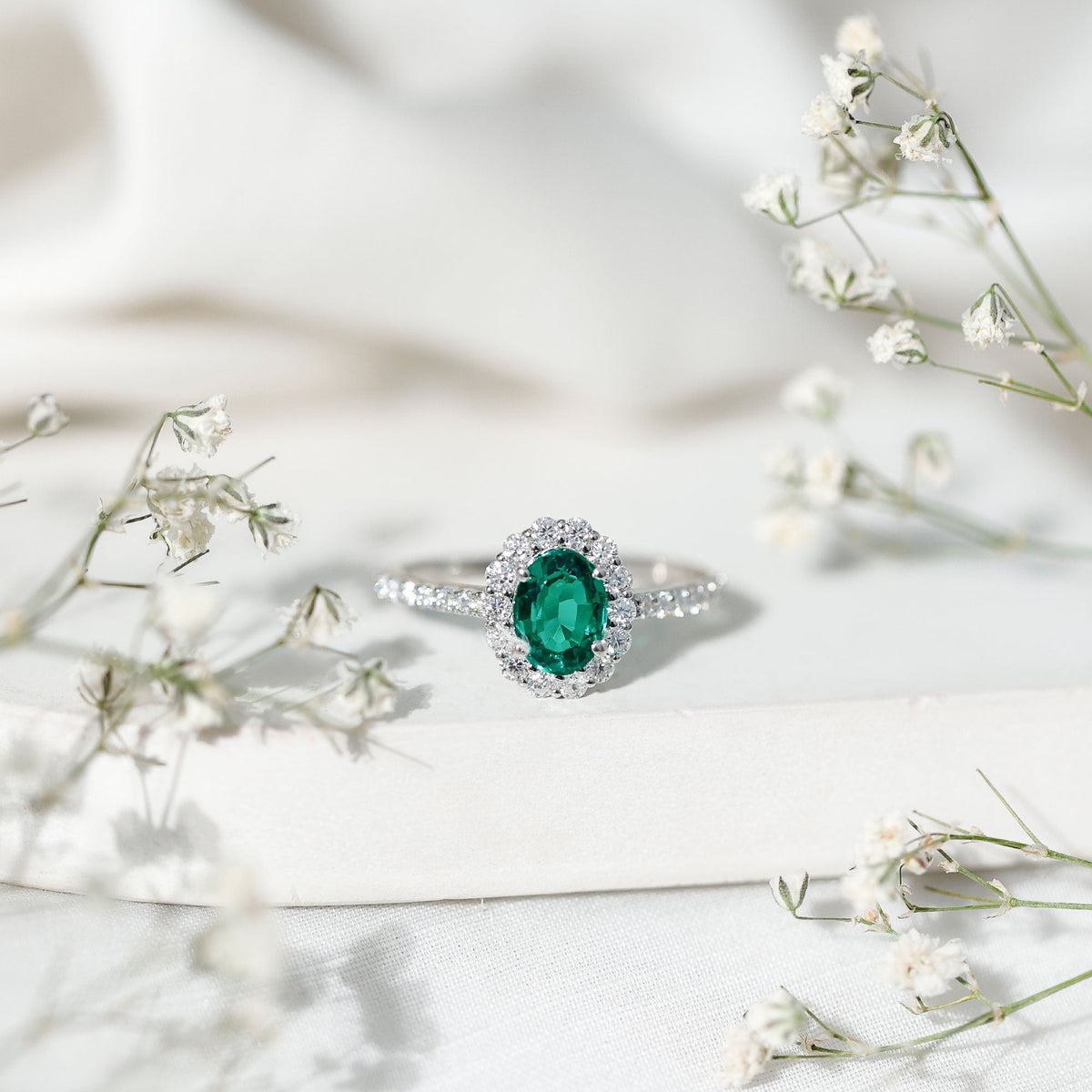 Lab Grown Emerald Ring – 1.2 Carat Oval Halo Engagement Ring with Moissanite
