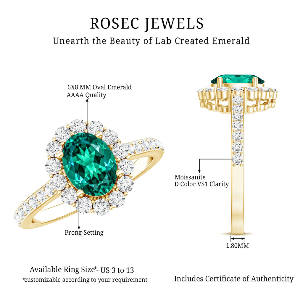Lab Grown Emerald Ring – 1.2 Carat Oval Halo Engagement Ring with Moissanite
