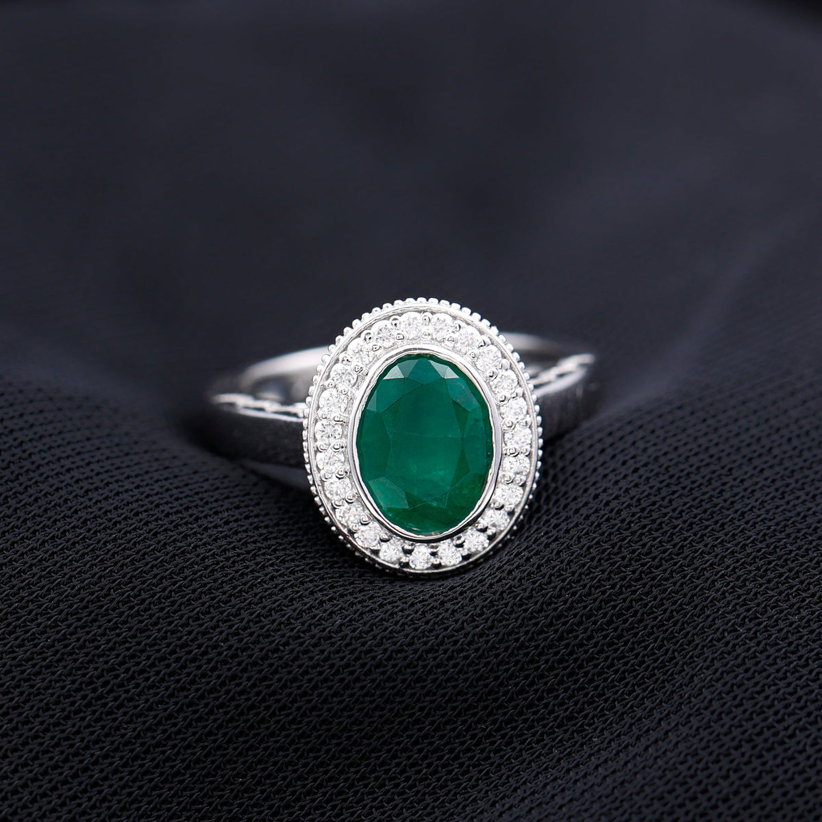 Lab Grown Emerald Ring - 1.2 Ct Oval Bezel Set Engagement Ring With Diamond Halo