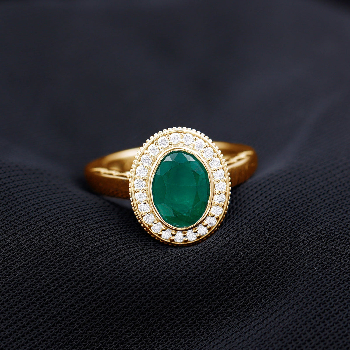 Lab Grown Emerald Ring - 1.2 Ct Oval Bezel Set Engagement Ring With Diamond Halo