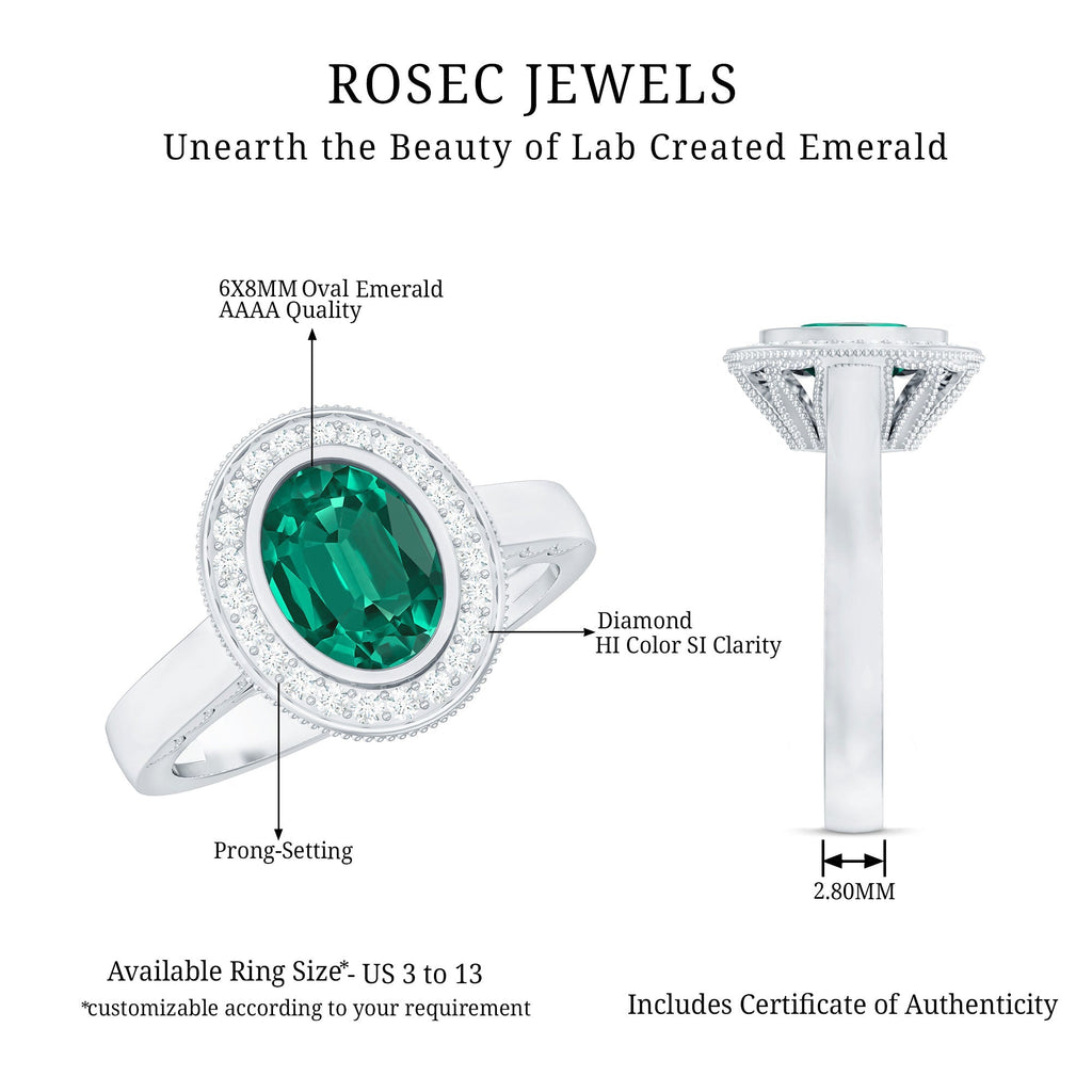 Lab Grown Emerald Ring - 1.2 Ct Oval Bezel Set Engagement Ring With Diamond Halo