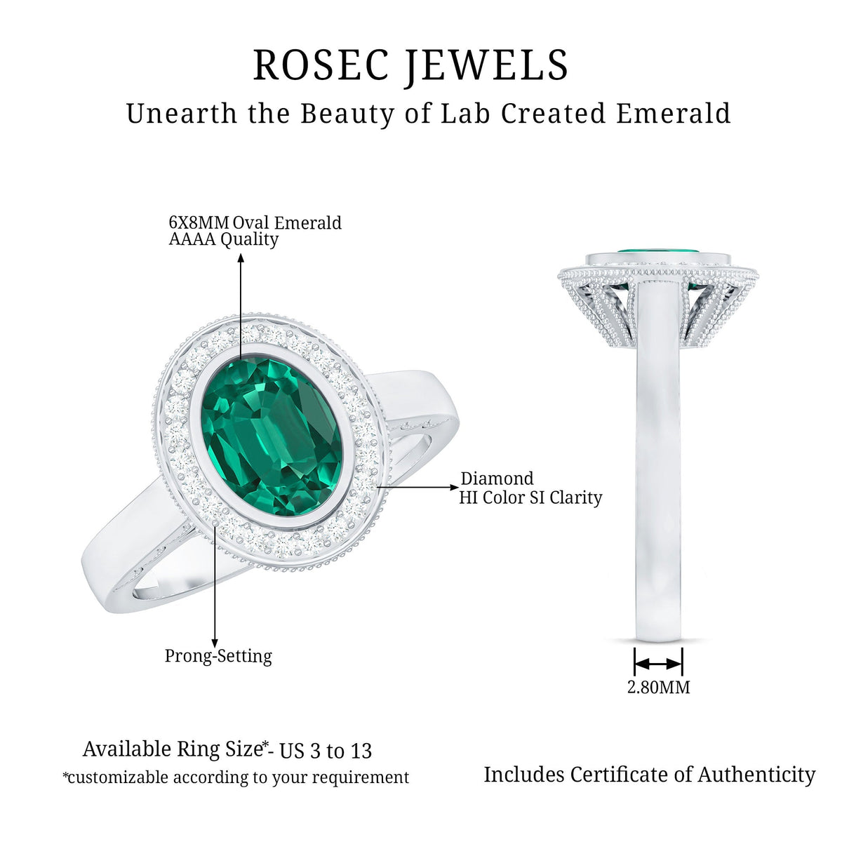 Lab Grown Emerald Ring - 1.2 Ct Oval Bezel Set Engagement Ring With Diamond Halo