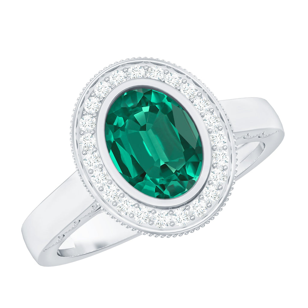 Lab Grown Emerald Ring - 1.2 Ct Oval Bezel Set Engagement Ring With Diamond Halo