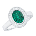 Lab Grown Emerald Ring - 1.2 Ct Oval Bezel Set Engagement Ring With Diamond Halo