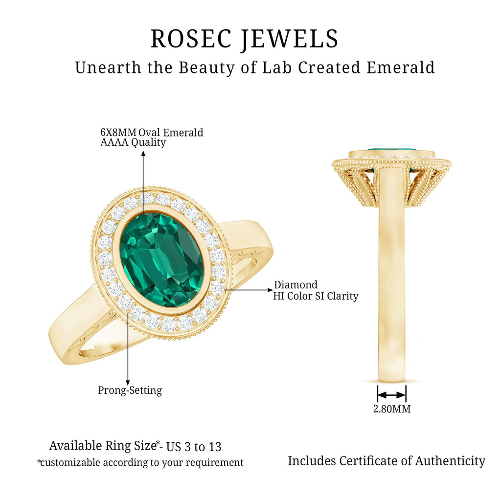 Lab Grown Emerald Ring - 1.2 Ct Oval Bezel Set Engagement Ring With Diamond Halo