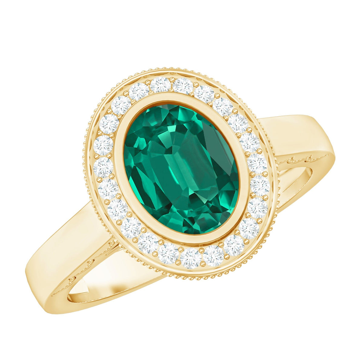 Lab Grown Emerald Ring - 1.2 Ct Oval Bezel Set Engagement Ring With Diamond Halo