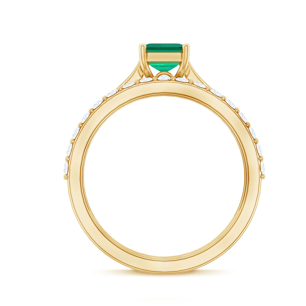 Lab Grown Emerald Ring – 1.6 Ct Emerald Cut Engagement Ring with Half Eternity Band